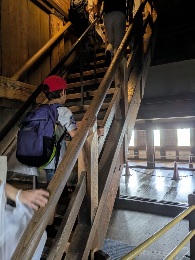 姬路城内部极具挑战性的、坡度极陡且相对狭窄的古建筑木楼梯