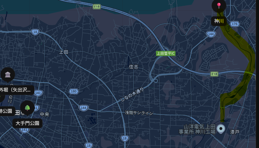 上田城周边交通地图,标示上田菅平IC与神川方向的自驾路线